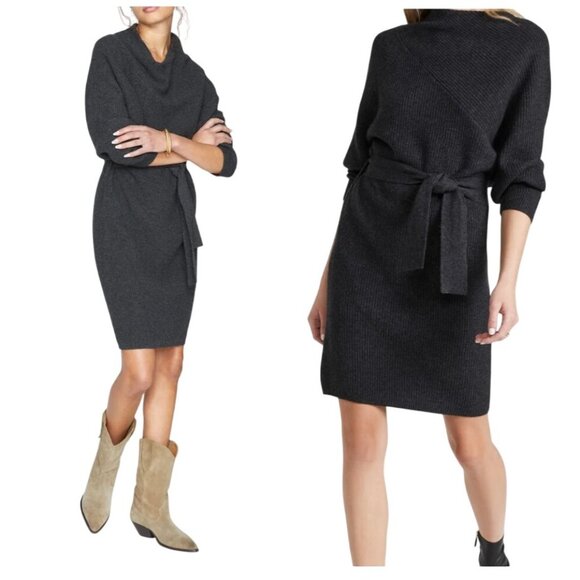 BROCHU WALKER The Leith Belted Knit Dress In Dark Charcoal Melange, Size L, NWT - Picture 2 of 15